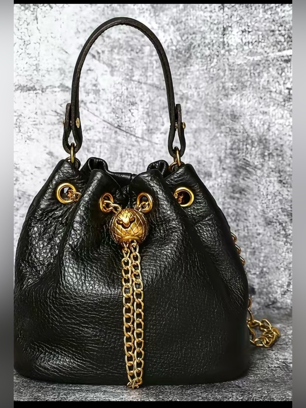 New mini  grain cowhide leather Drawstring bag